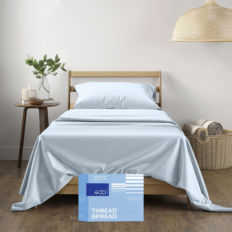 THREAD SPREAD 100% Cotton Twin Sheet Set - 400 Thread Count, 3 PC Twin Sheets, Cooling & Luxury Sateen Sheets, 16" Deep Pocket, Breathable Cotton Sheets for Dorm (Light Blue) - Image 1